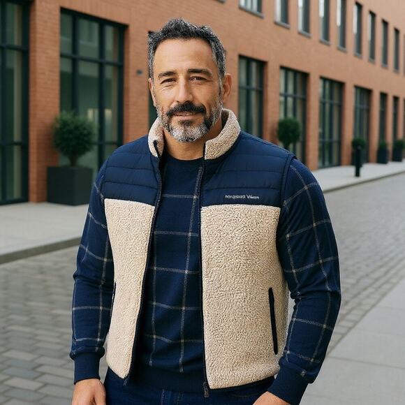 Vineyard Vines Sherpa Fleece Vest Tan Navy XL Cabincore Preppy Cozycore - Picture 1 of 9